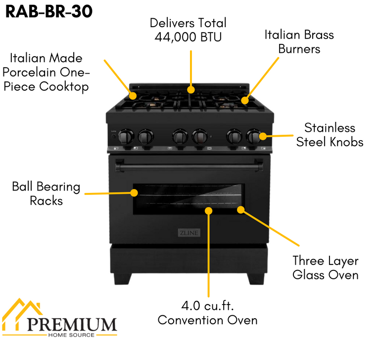 ZLINE Appliance Package - 30 in. Dual Fuel Range, Range Hood, Microwave Oven, Refrigerator, 4KPR-RABRH30-MW
