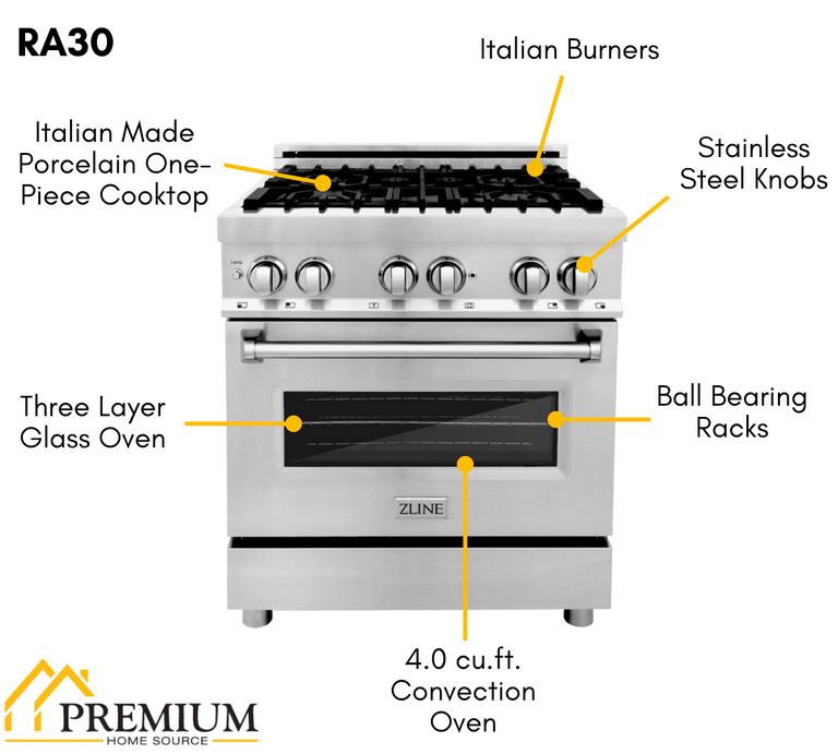 ZLINE Appliance Package - 30 in. Dual Fuel Range, 30 in. Range Hood, Microwave Drawer, 3 Rack Dishwasher, 4KP-RARH30-MWDWV
