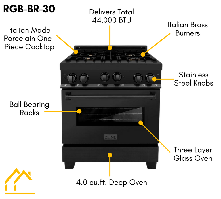 ZLINE Appliance Package - 30 In. Gas Range with Brass Burners, Microwave Oven, Range Hood in Black Stainless Steel, 3KP-RGBRHMWO-30