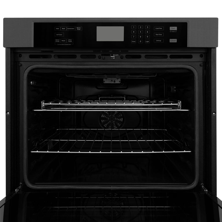 ZLINE 4-Piece Appliance Package - 36 In. Rangetop, Wall Oven, Refrigerator, and Microwave Oven in Black Stainless Steel, 4KPR-RTB36-MWAWS