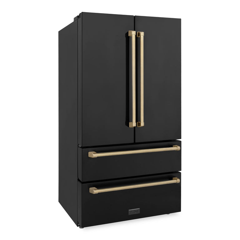 ZLINE Autograph Package - 36" Dual Fuel Range, Range Hood, Refrigerator, Dishwasher in Black Stainless with Bronze Accents