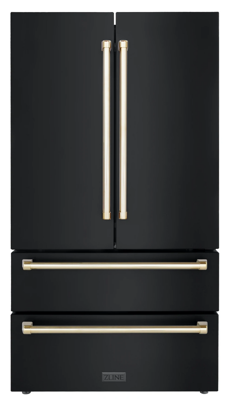 ZLINE Autograph Package - 36 In. Gas Range, Range Hood, Refrigerator, and Dishwasher in Black Stainless Steel with Gold Accents, 4AKPR-RGBRHDWV36-G