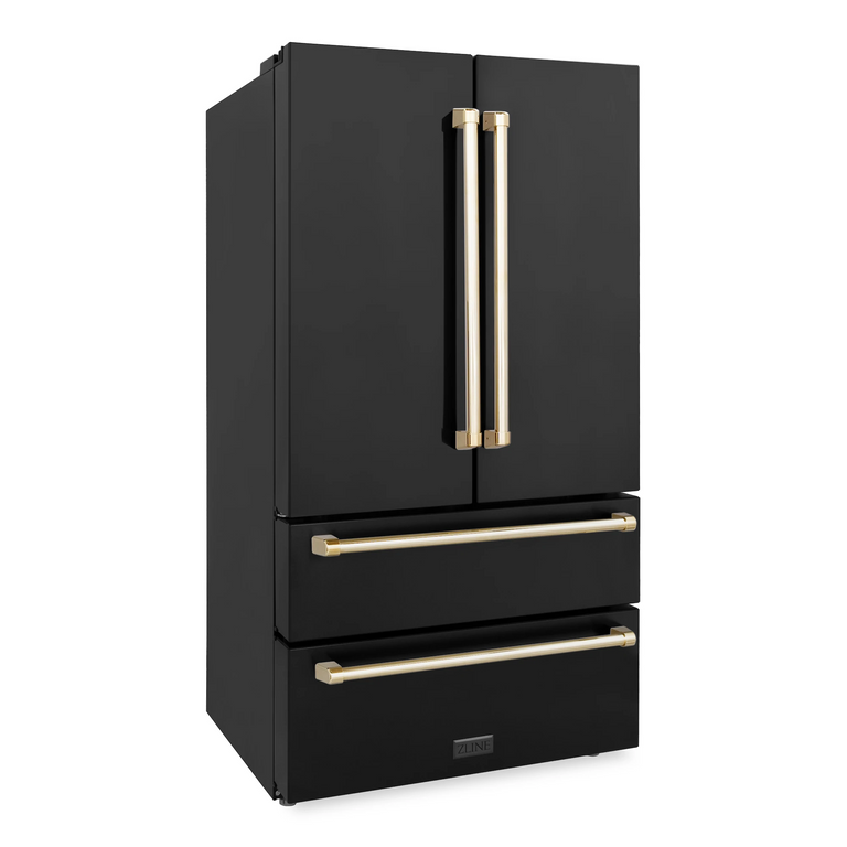 ZLINE Autograph Package - 36 In. Gas Range, Range Hood, Refrigerator, and Dishwasher in Black Stainless Steel with Gold Accents, 4AKPR-RGBRHDWV36-G