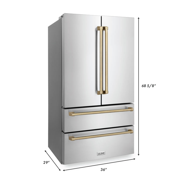 ZLINE Autograph Package - 36 In. Dual Fuel Range, Range Hood, Dishwasher, Refrigerator with Champagne Bronze Accents, 4KAPR-RARHDWM36-CB