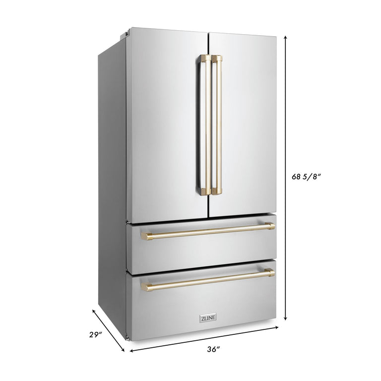 ZLINE Autograph Package - 48 In. Dual Fuel Range, Range Hood, Refrigerator, and Dishwasher in Stainless Steel with Gold Accents, 4KAPR-RARHDWM48-G