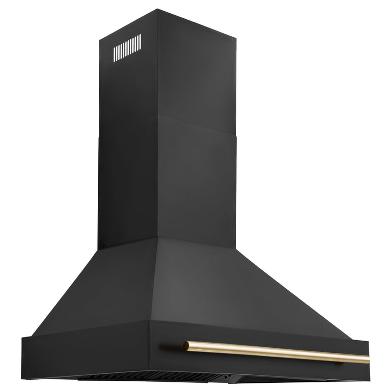 ZLINE Autograph Package - 36" Gas Range, Range Hood, Refrigerator with Water and Ice Dispenser, and Dishwasher in Black Stainless with Gold Accents