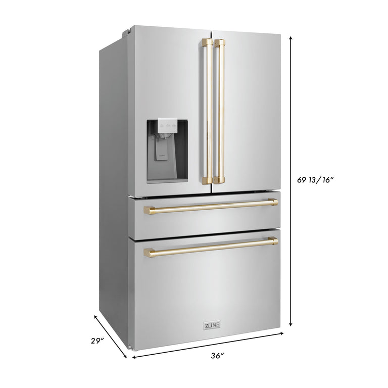 ZLINE Autograph Package - 36" Gas Range, Range Hood, Refrigerator with Water & Ice Dispenser, Dishwasher with Gold Accents