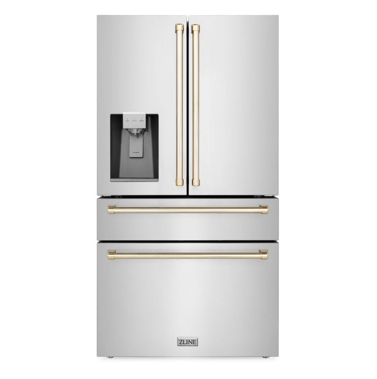 ZLINE Autograph Package - 36" Gas Range, Range Hood, Refrigerator with Water & Ice Dispenser, Dishwasher with Gold Accents