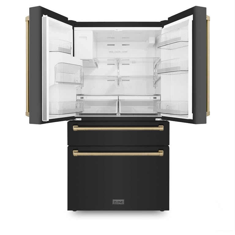 ZLINE Autograph Package - 36" Dual Fuel Range, Range Hood, Refrigerator with Water & Ice Dispenser, Dishwasher in Black Stainless with Bronze Accents