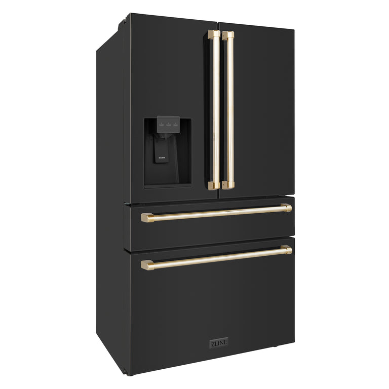 ZLINE Autograph Package - 30 In. Gas Range, Range Hood, Refrigerator with Water and Ice Dispenser, and Dishwasher in Black Stainless Steel with Gold Accents, 4AKPR-RGBRHDWV30-G