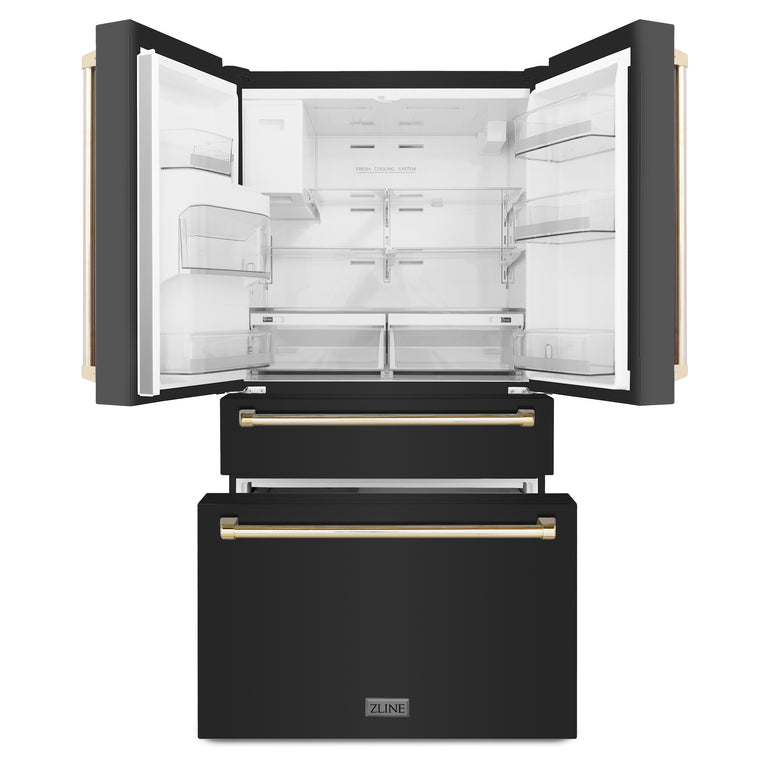 ZLINE Autograph Package - 30" Dual Fuel Range, Range Hood, Refrigerator, Dishwasher in Black Stainless with Gold Accents
