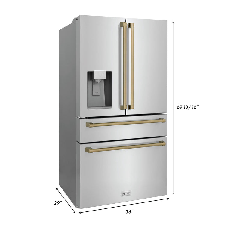 ZLINE Autograph Package - 48" Dual Fuel Range, Range Hood, Refrigerator with Water and Ice Dispenser, Dishwasher with Bronze Accents