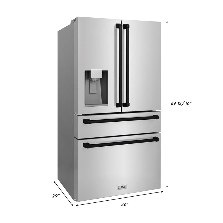 ZLINE Autograph Package - 30 In. Gas Range, Range Hood, Refrigerator, and Dishwasher in Stainless Steel with Matte Black Accents, 4AKPR-RGRHDWM30-MB