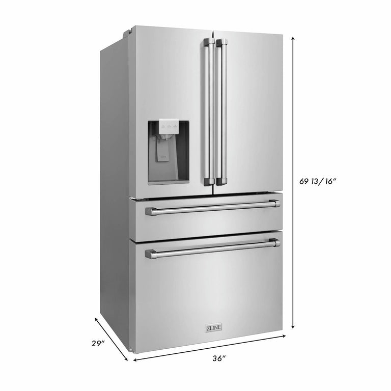 ZLINE Appliance Package - 36 In. Rangetop, Range Hood, Refrigerator with Water and Ice Dispenser and Double Wall Oven, 4KPRW-RTRH36-AWD