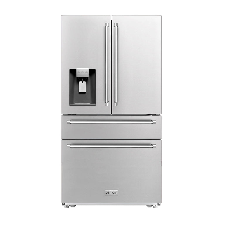 ZLINE Package - 36" Dual Fuel Range, Refrigerator with Water and Ice Dispenser, Range Hood, Dishwasher