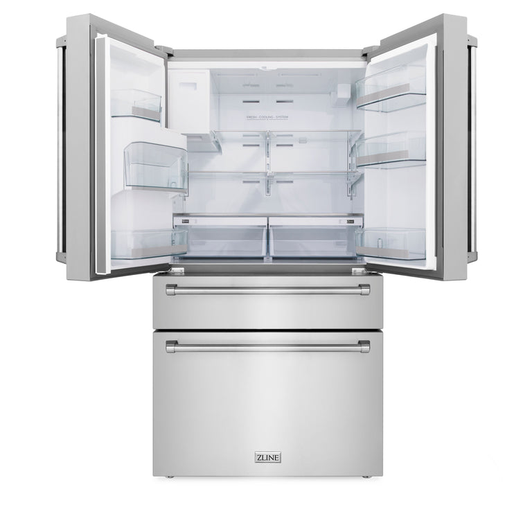 ZLINE Package - 36" Dual Fuel Range, Refrigerator with Water and Ice Dispenser, Range Hood, Dishwasher