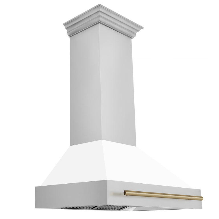 ZLINE 36 Inch Autograph Edition Range Hood with White Matte Shell and Champagne Bronze Handle, 8654STZ-WM36-CB