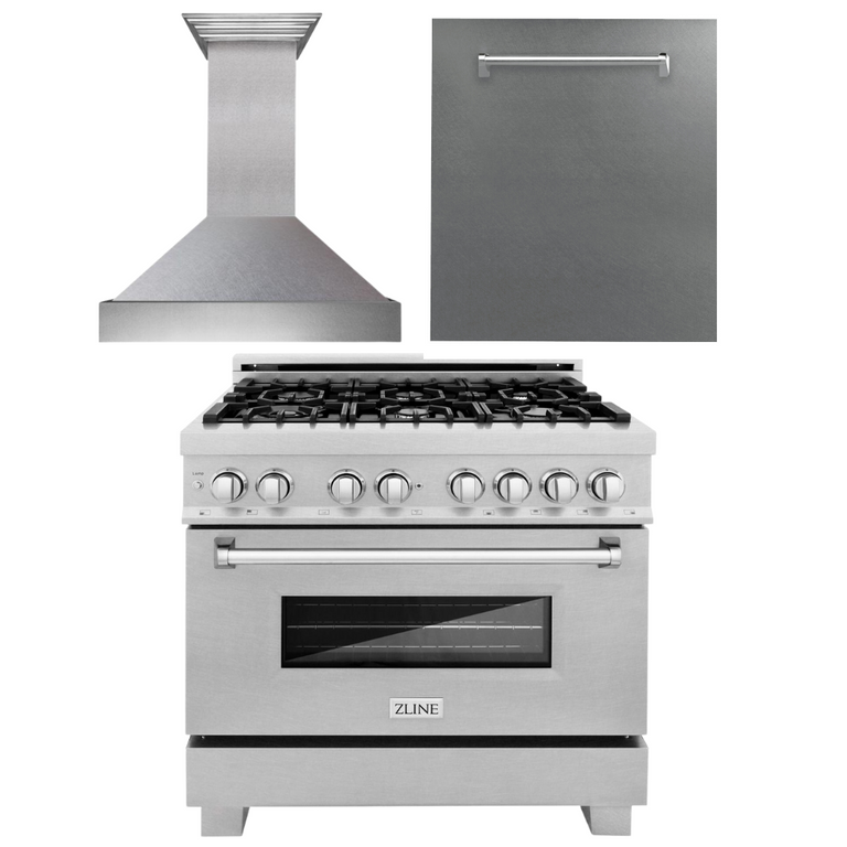 ZLINE 36 in. Kitchen Appliance Package with DuraSnow® Stainless Dual Fuel Range, Ducted Vent Range Hood and Dishwasher, 3KP-RASRH36-DW
