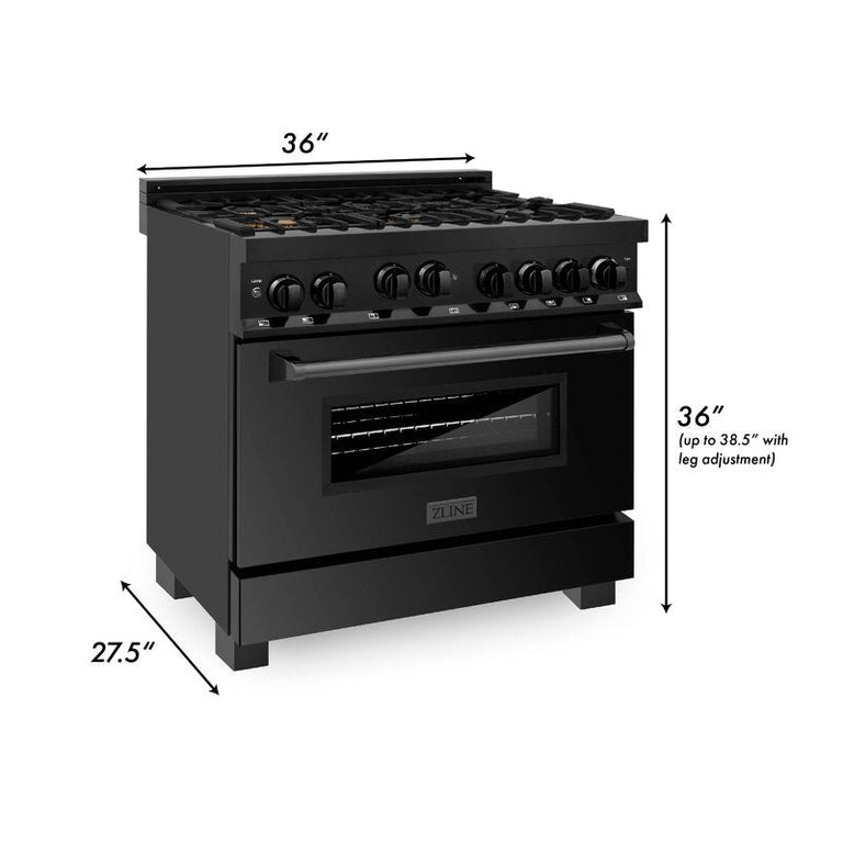 ZLINE Appliance Package - 36 In. Gas Range, Range Hood, Microwave and Dishwasher in Black Stainless Steel, 4KP-RGBRH36-MWDWV