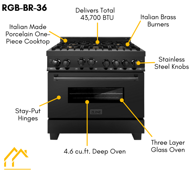 ZLINE Appliance Package - 36 In. Gas Range with Brass Burners, Range Hood, Microwave Oven in Black Stainless Steel, 3KP-RGBRHMWO-36