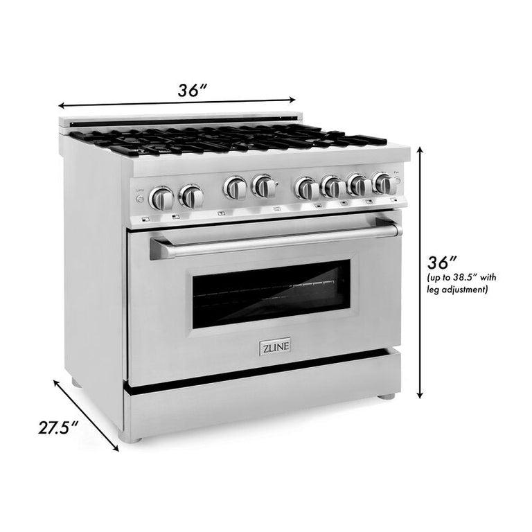 ZLINE Appliance Package - 36 In. Gas Range, Range Hood, Microwave Oven in Stainless Steel, 3KP-RGRHMWO-36