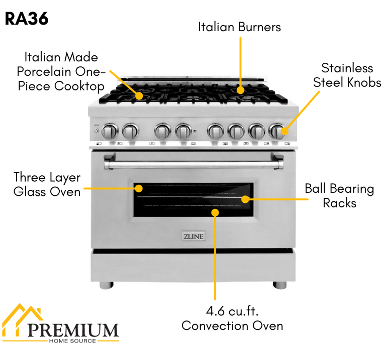 ZLINE Appliance Package - 36 in. Dual Fuel Range, Range Hood, Microwave Drawer, 3 Rack Dishwasher, 4KP-RARH36-MWDWV