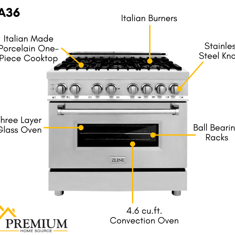 ZLINE Appliance Package - 36 in. Dual Fuel Range, Range Hood, 3 Rack Dishwasher, 3KP-RARH36-DWV