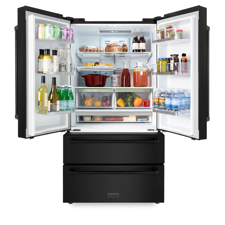ZLINE Appliance Package - 48 in. Dual Fuel Range, Range Hood, Microwave Drawer, Refrigerator in Black Stainless, 4KPR-RABRH48-MW