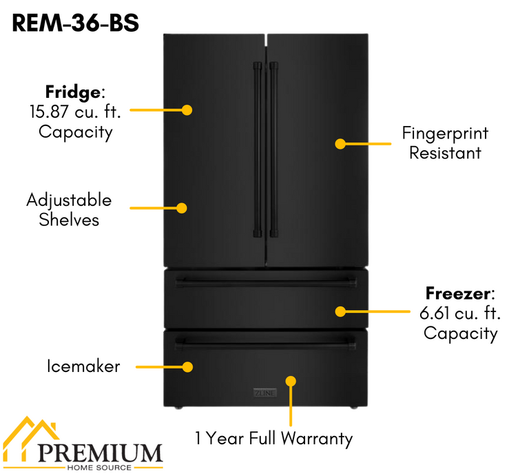 ZLINE Appliance Package - 36 in. Gas Range, Range Hood, Microwave Oven, Dishwasher, Refrigerator, 5KPR-RGBRH36-MWDWV