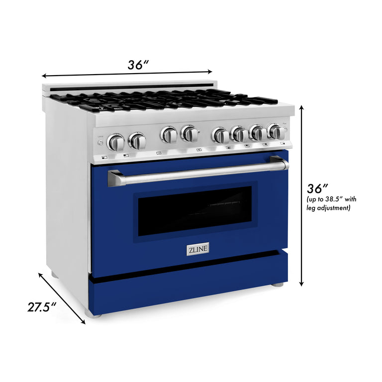 ZLINE 36 inch Professional Gas Range in Stainless Steel with Blue Glos
