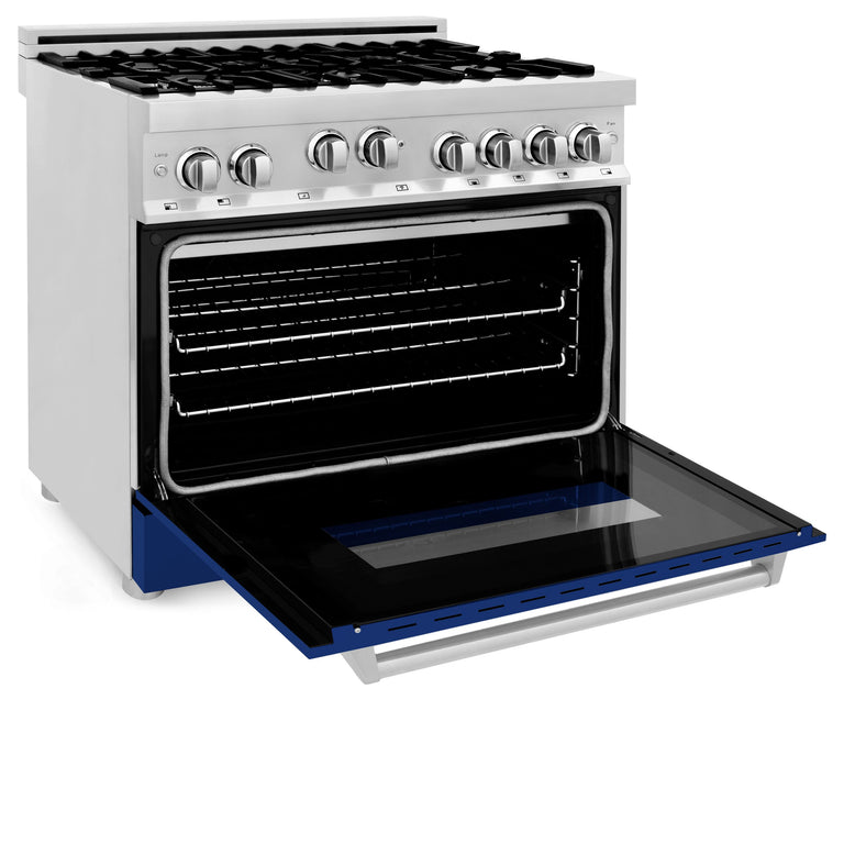 ZLINE 36 inch Professional Gas Range in Stainless Steel with Blue Gloss Door, RG-BG-36