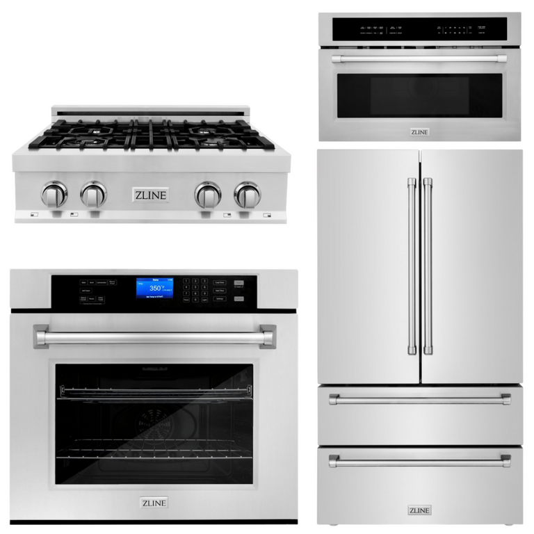 ZLINE Appliance Package - 30 In. Rangetop, Wall Oven, Refrigerator and Microwave Oven in Stainless Steel, 4KPR-RT30-MWAWS