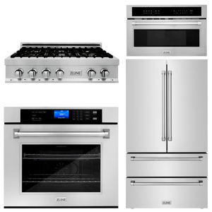 ZLINE Appliance Package - 36 In. Rangetop, 30 In. Wall Oven, Refrigerator and 30 In. Microwave Oven in Stainless Steel, 4KPR-RT36-MWAWS