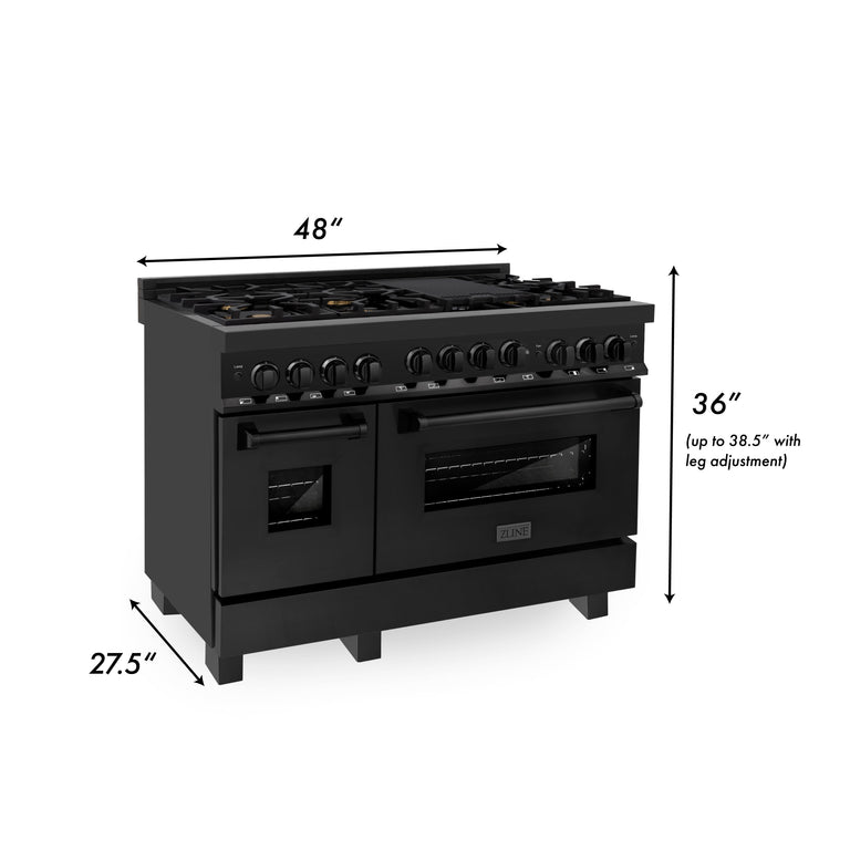 ZLINE Kitchen Appliance Package - 48 In. Gas Range with Brass Burners, Range Hood and Microwave Oven in Black Stainless Steel, 3KP-RGBRHMWO-48