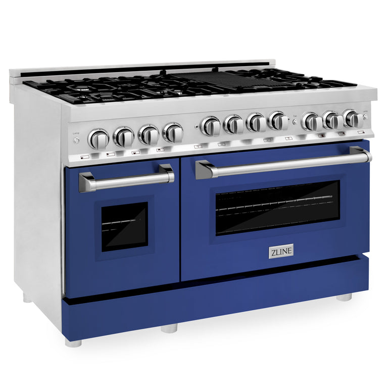 ZLINE 48 In. 6.0 cu. ft. Range with Gas Stove and Gas Oven in DuraSnow® Stainless Steel with Blue Matte Doors, RGS-BM-48