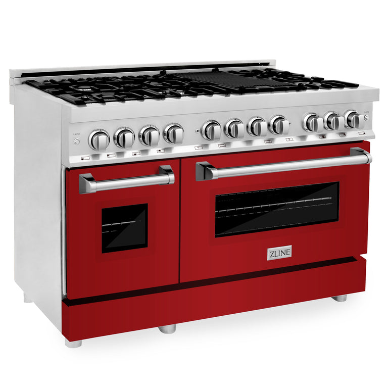 ZLINE 48 In. 6.0 cu. ft. Range with Gas Stove and Gas Oven in DuraSnow® Stainless Steel with Red Gloss Doors, RGS-RG-48