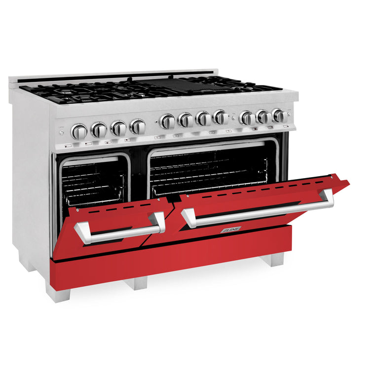 ZLINE 48 In. 6.0 cu. ft. Range with Gas Stove and Gas Oven in DuraSnow® Stainless Steel with Red Matte Doors, RGS-RM-48