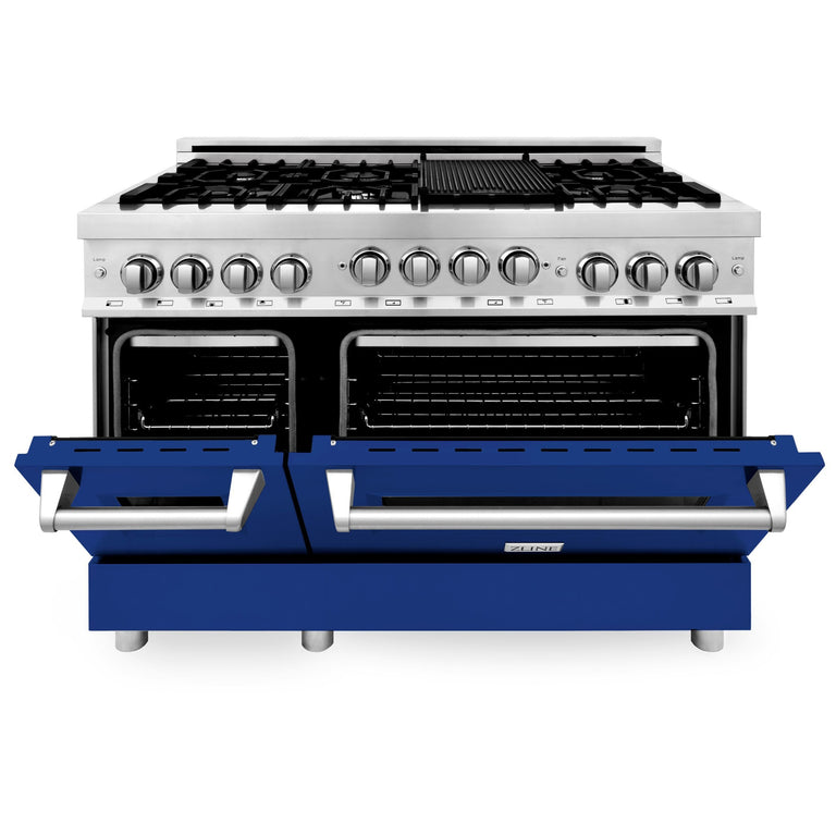 ZLINE 48 Inch 6.0 cu. ft. Range with Gas Stove and Gas Oven in Stainless Steel and Blue Gloss Door, RG-BG-48