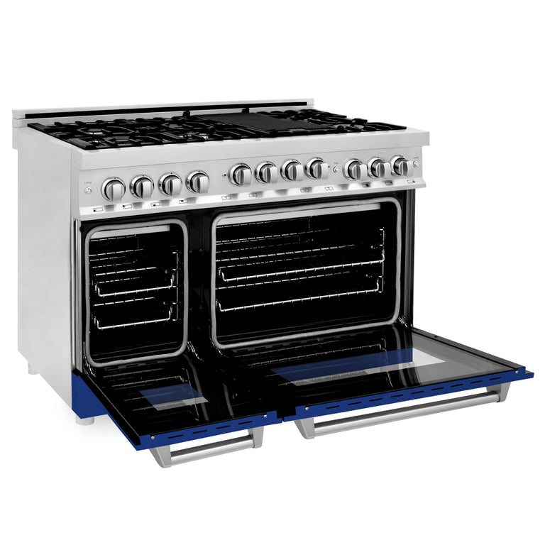 ZLINE 48 Inch 6.0 cu. ft. Range with Gas Stove and Gas Oven in Stainless Steel and Blue Gloss Door, RG-BG-48