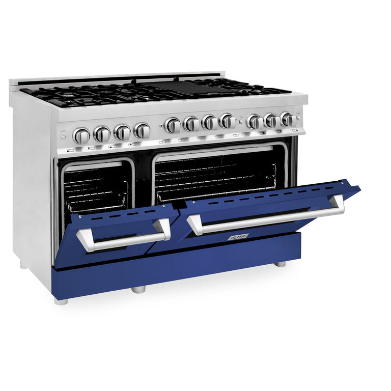 ZLINE 48 Inch 6.0 cu. ft. Range with Gas Stove and Gas Oven in Stainless Steel and Blue Matte Door, RG-BM-48
