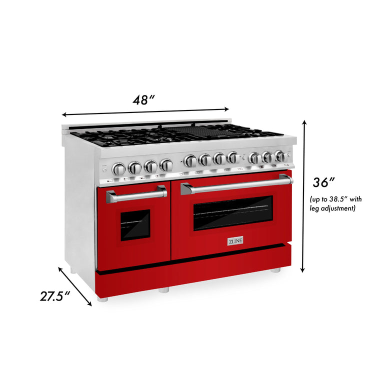 ZLINE 48 Inch 6.0 cu. ft. Range with Gas Stove and Gas Oven in Stainless Steel and Red Gloss Door, RG-RG-48