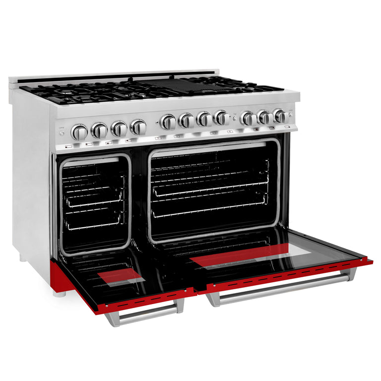 ZLINE 48 Inch 6.0 cu. ft. Range with Gas Stove and Gas Oven in Stainless Steel and Red Gloss Door, RG-RG-48