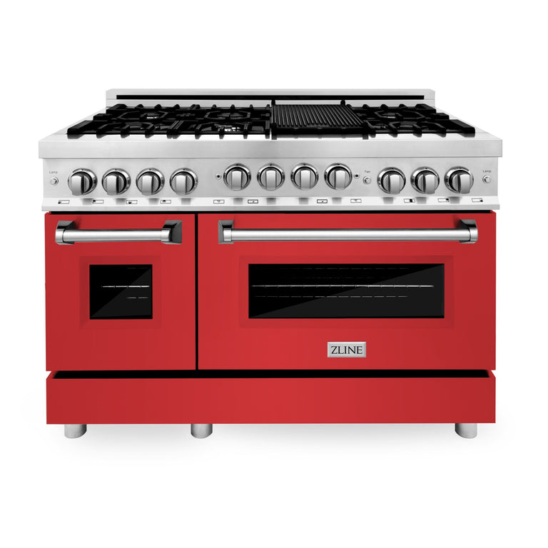 ZLINE 48 Inch 6.0 cu. ft. Range with Gas Stove and Gas Oven in Stainless Steel and Red Matte Door, RG-RM-48