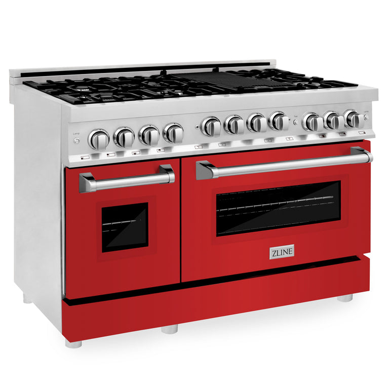 ZLINE 48 Inch 6.0 cu. ft. Range with Gas Stove and Gas Oven in Stainless Steel and Red Matte Door, RG-RM-48