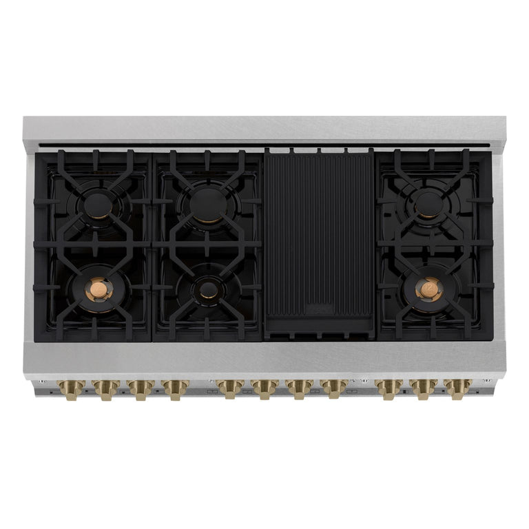 ZLINE 48 Inch Autograph Edition Gas Range in DuraSnow® Stainless Steel with Champagne Bronze Accents, RGSZ-SN-48-CB