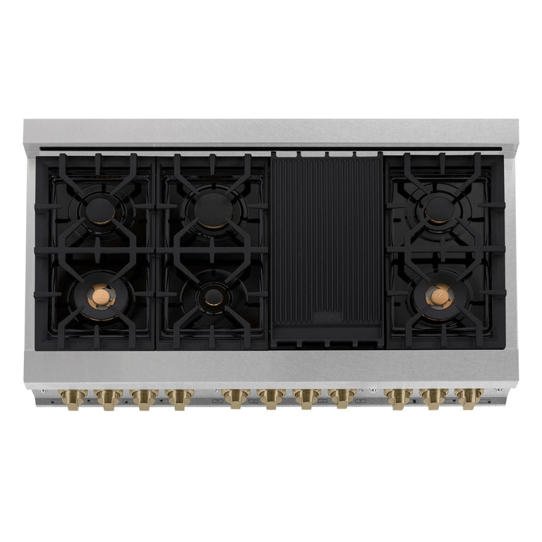 ZLINE Autograph Package - 48 In. Dual Fuel Range and Range Hood in DuraSnow® Stainless Steel with Champagne Bronze Accents, 2AKPR-RASRH48-CB