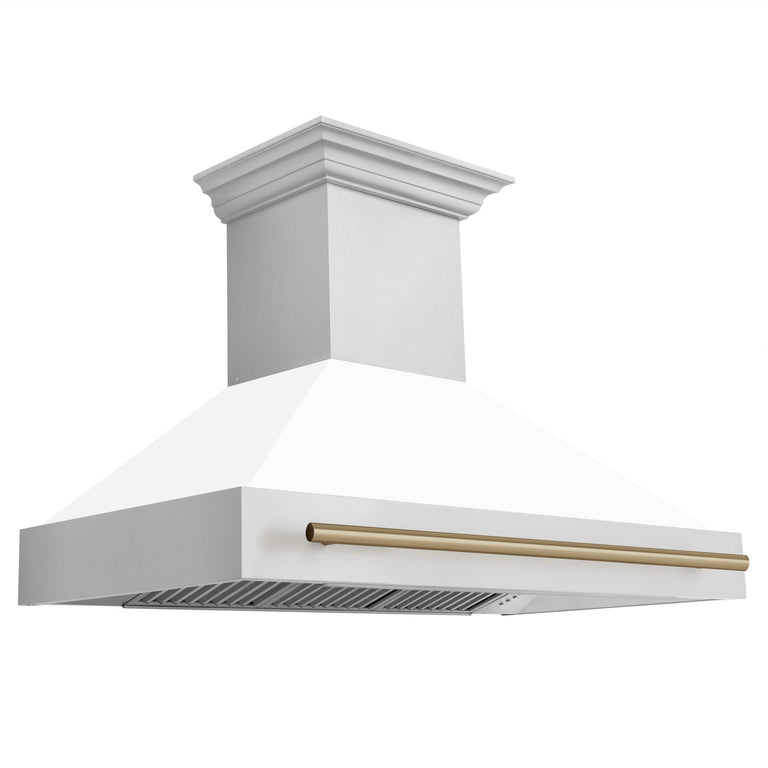 ZLINE Autograph Package - 48" Dual Fuel Range, Range Hood, Dishwasher in Stainless Steel with White Matte Finish and Bronze Accents