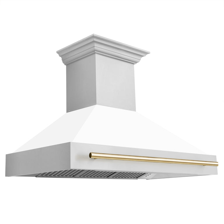 ZLINE Autograph Package - 48 In. Gas Range and Range Hood in Stainless Steel with White Matte Door and Gold Accents, 2AKPR-RGWMRH48-G