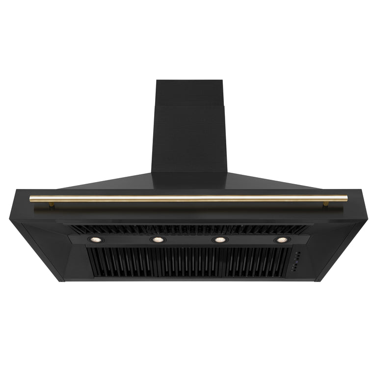 ZLINE Autograph Package - 48 In. Gas Range, Range Hood, Refrigerator, and Dishwasher in Black Stainless Steel with Gold Accents, 4AKPR-RGBRHDWV48-G