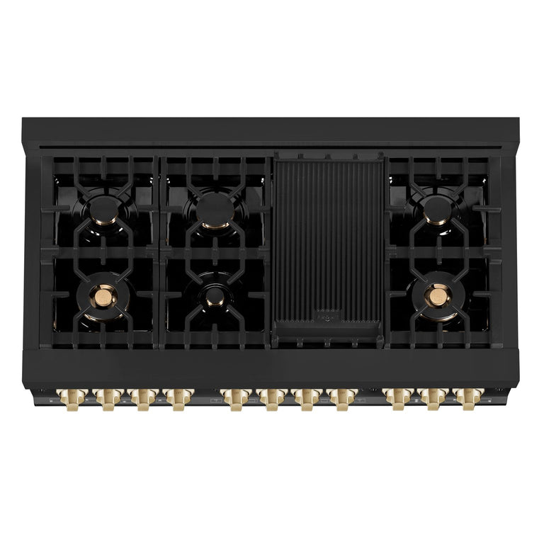 ZLINE Autograph Package - 48 In. Gas Range, Range Hood in Black Stainless Steel with Gold Accents, 2AKP-RGBRH48-G